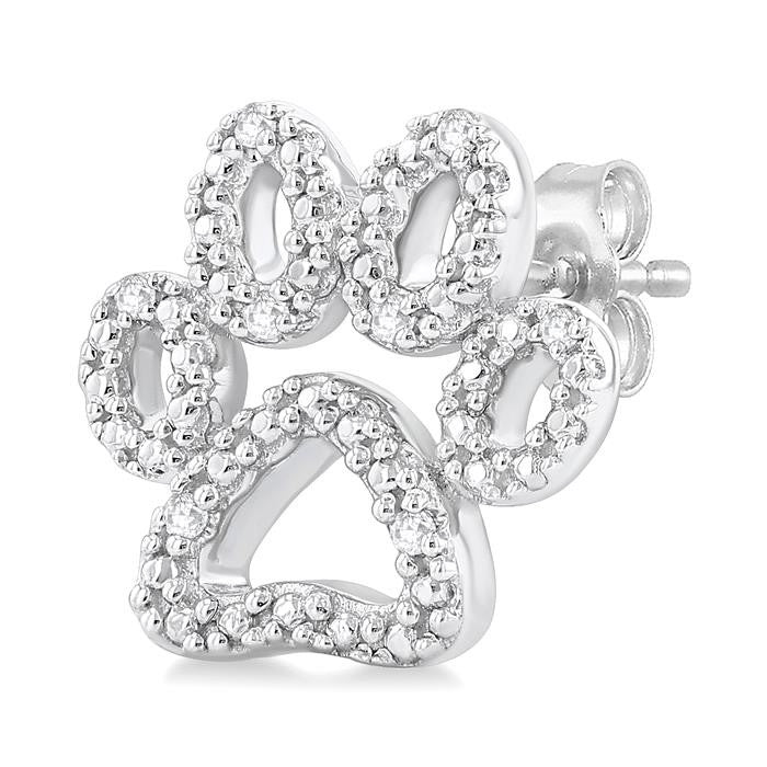 1/20 Ctw Dog Paw Round Cut Diamond Fashion Stud Earrings in Sterling Silver