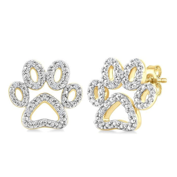 1/20 Ctw Dog Paw Round Cut Diamond Fashion Stud Earrings in Yellow Gold Vermeil