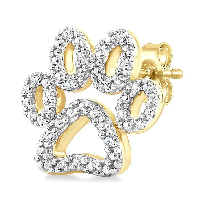 1/20 Ctw Dog Paw Round Cut Diamond Fashion Stud Earrings in Yellow Gold Vermeil
