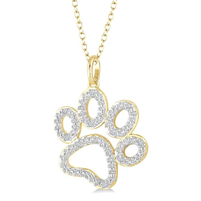 1/20 Ctw Dog Paw Round Cut Diamond Pendant With Chain in Yellow Gold Vermeil
