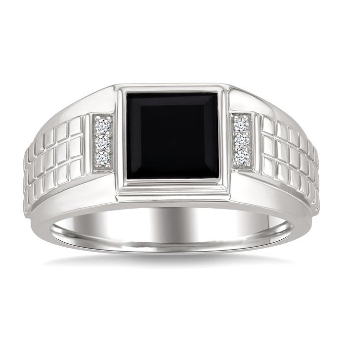 8x8 MM Princess Shape Onyx and 1/20 Ctw Round Cut Diamond Semi-precious Men's Ring in Sterling Silver