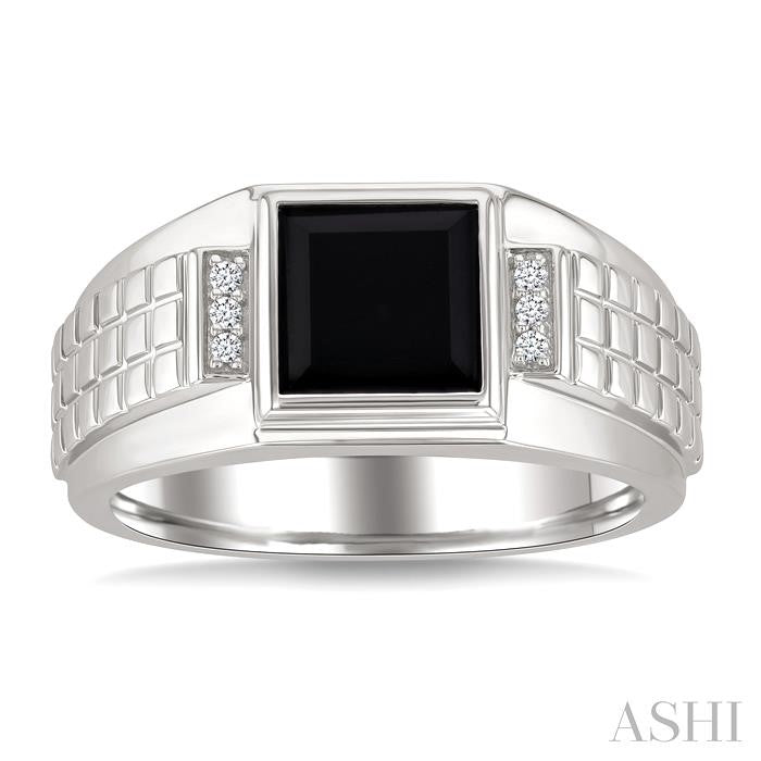 8x8 MM Princess Shape Onyx and 1/20 Ctw Round Cut Diamond Semi-precious Men's Ring in Sterling Silver