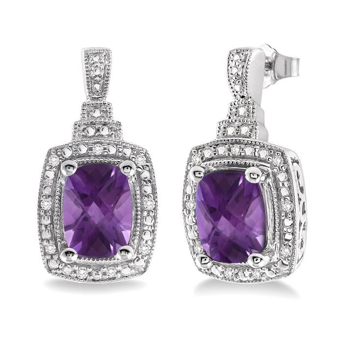 8x6 MM Cushion Shape Amethyst and 1/10 Ctw Round Cut Diamond Earrings in Sterling Silver