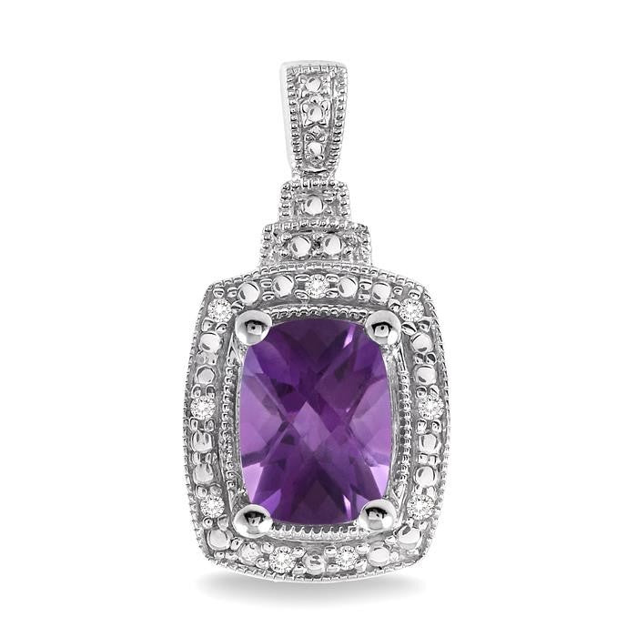 8x6 MM Cushion Shape Amethyst and 1/10 Ctw Round Cut Diamond Earrings in Sterling Silver
