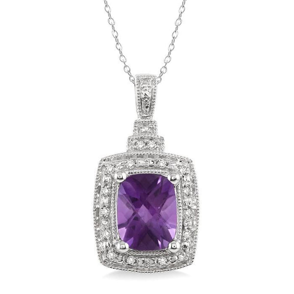 9x7 MM Cushion Shape Amethyst and 1/10 Ctw Round Cut Diamond Pendant in Sterling Silver with Chain