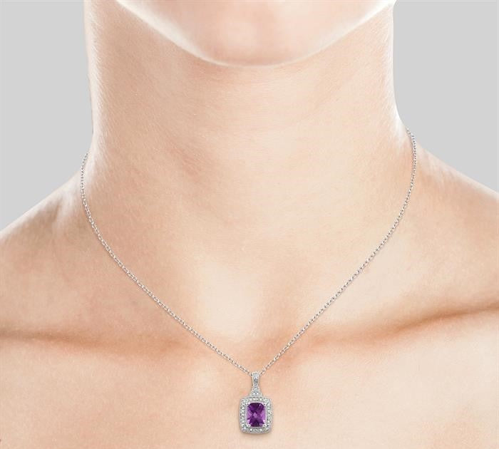 9x7 MM Cushion Shape Amethyst and 1/10 Ctw Round Cut Diamond Pendant in Sterling Silver with Chain