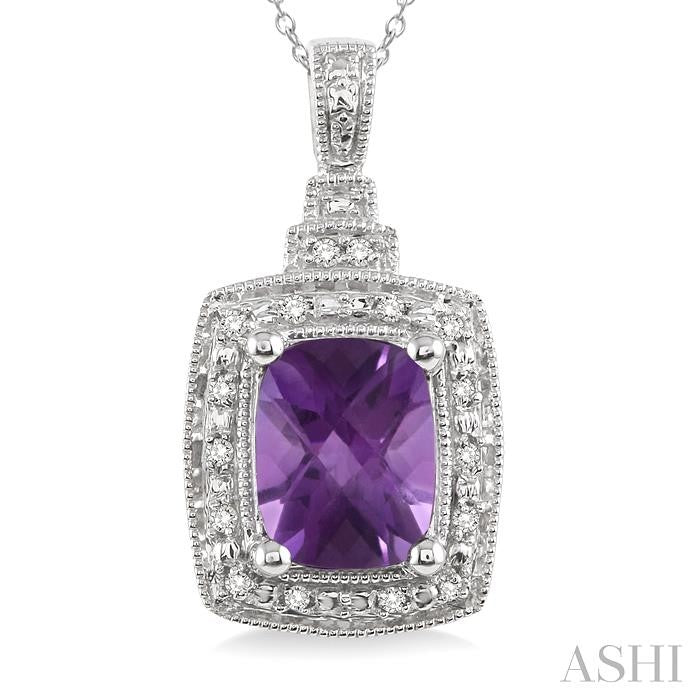 9x7 MM Cushion Shape Amethyst and 1/10 Ctw Round Cut Diamond Pendant in Sterling Silver with Chain