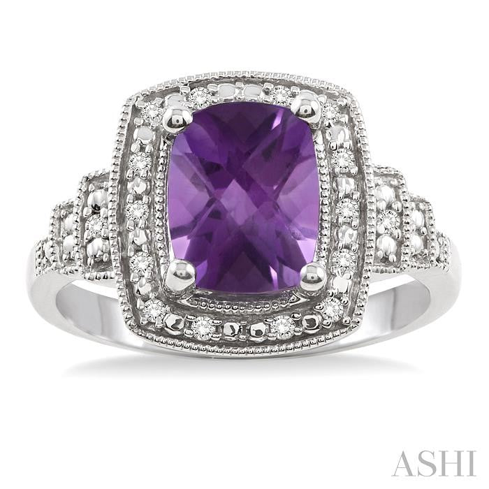 9x7 MM Cushion Shape Amethyst and 1/10 Ctw Round Cut Diamond Ring in Sterling Silver