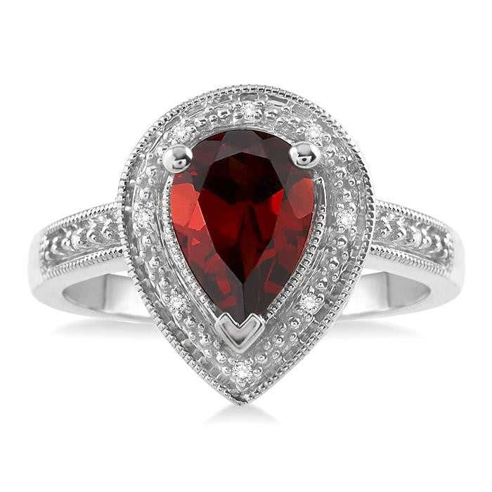 10x7 MM Pear Shape Garnet and 1/20 Ctw Round Cut Diamond Ring in Sterling Silver