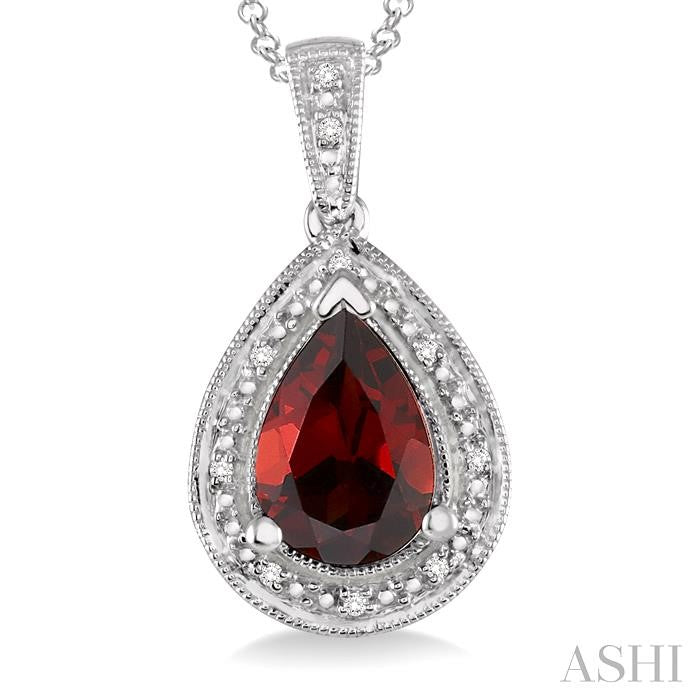 10x7 MM Pear Shape Garnet and 1/20 Ctw Round Cut Diamond Pendant in Sterling Silver with chain
