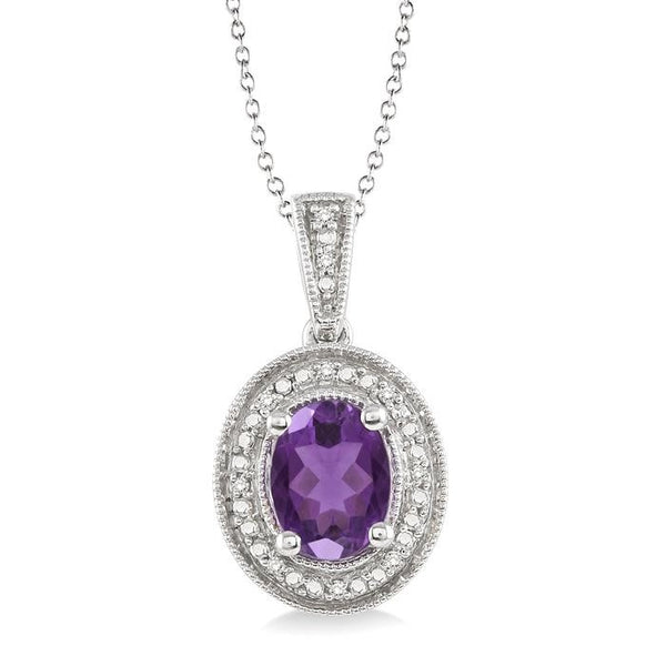 8x6 MM Oval Cut Amethyst and 1/20 Ctw Round Cut Diamond Pendant in Sterling Silver with Chain