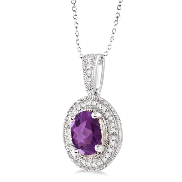 Solstice Silver Oval Shape Gemstone & Halo Diamond Pendant