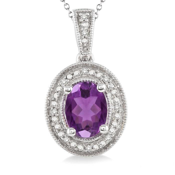 Solstice Silver Oval Shape Gemstone & Halo Diamond Pendant