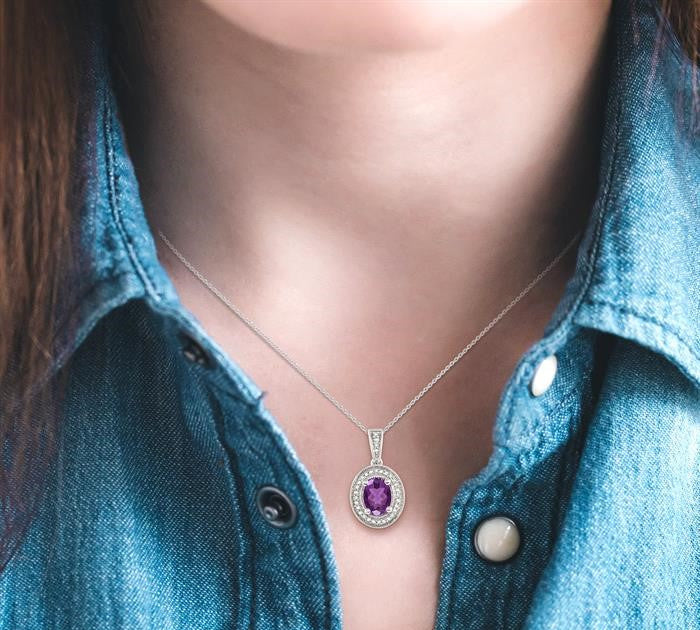 8x6 MM Oval Cut Amethyst and 1/20 Ctw Round Cut Diamond Pendant in Sterling Silver with Chain