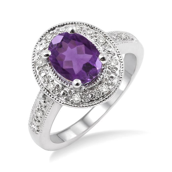 8x6 MM Oval Cut Amethyst and 1/20 Ctw Round Cut Diamond Ring in Sterling Silver
