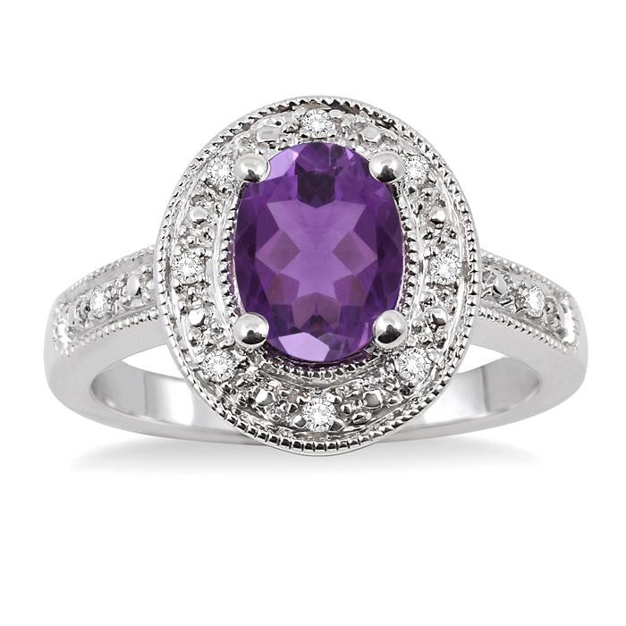 8x6 MM Oval Cut Amethyst and 1/20 Ctw Round Cut Diamond Ring in Sterling Silver