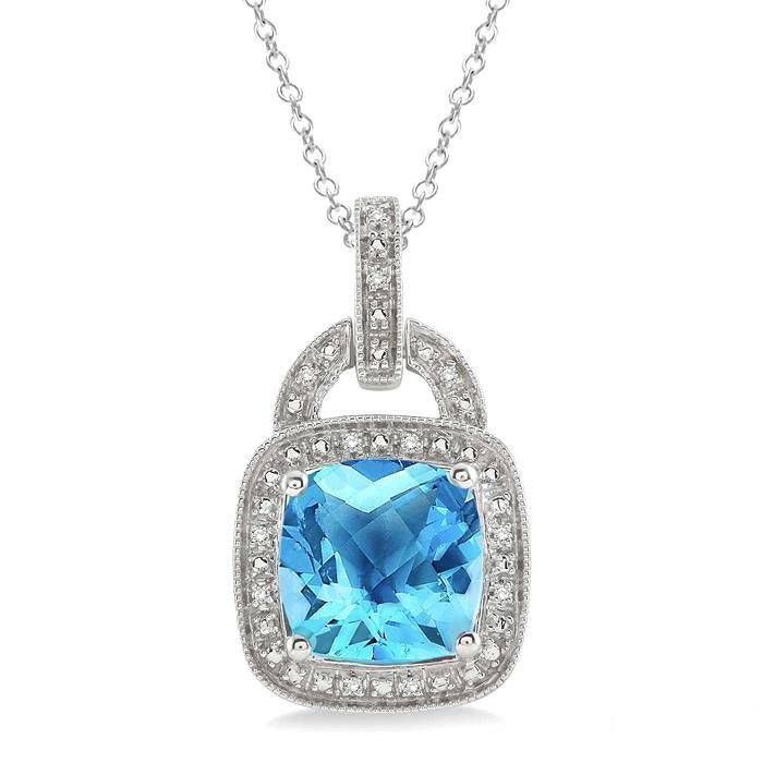 Silver Cushion Shape Gemstone & Diamond Pendant
