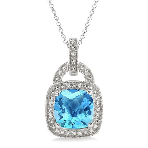 10x10 MM Cushion Shape Blue Topaz and 1/20 Ctw Round Cut Diamond Pendant in Sterling Silver with Chain