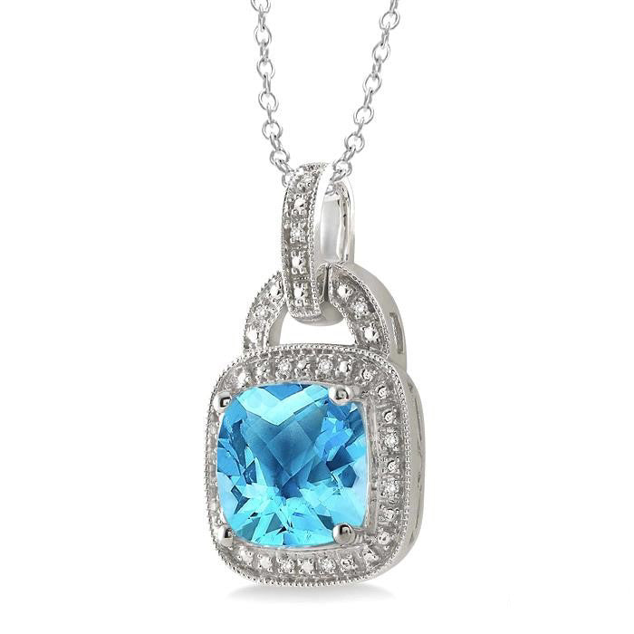 Silver Cushion Shape Gemstone & Diamond Pendant