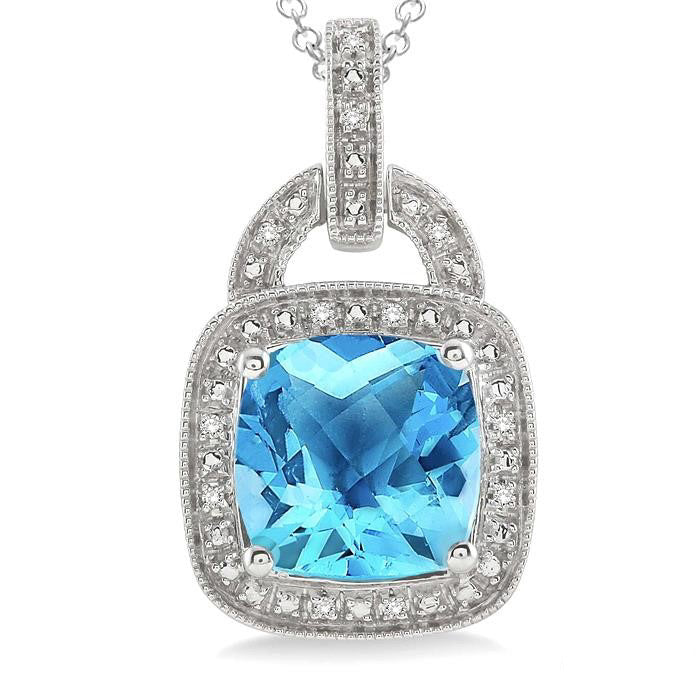 Silver Cushion Shape Gemstone & Diamond Pendant