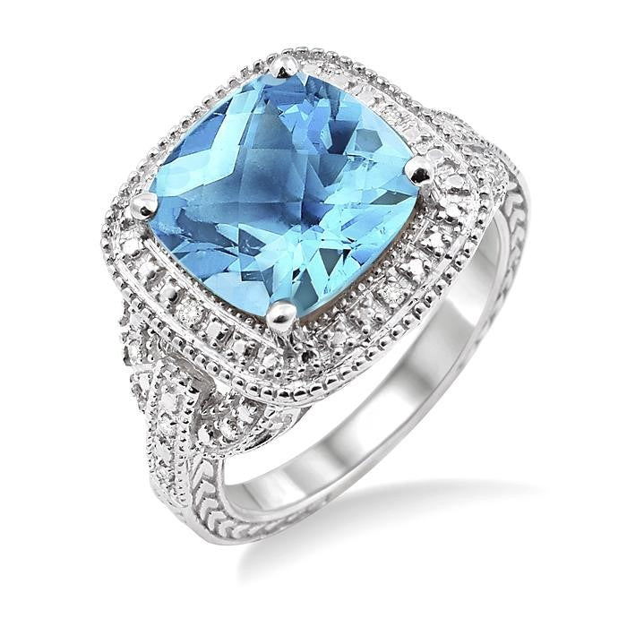 10x10 MM Cushion Shape Blue Topaz and 1/20 Ctw Round Cut Diamond Ring in Sterling Silver