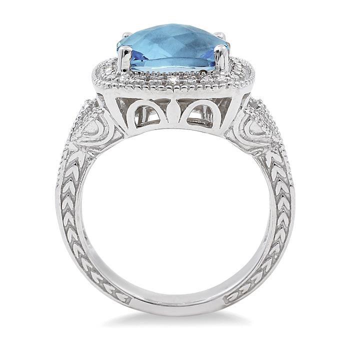 10x10 MM Cushion Shape Blue Topaz and 1/20 Ctw Round Cut Diamond Ring in Sterling Silver