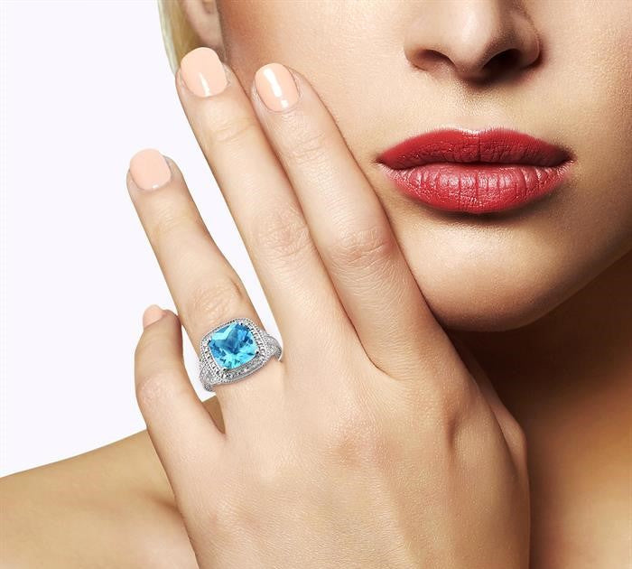 10x10 MM Cushion Shape Blue Topaz and 1/20 Ctw Round Cut Diamond Ring in Sterling Silver