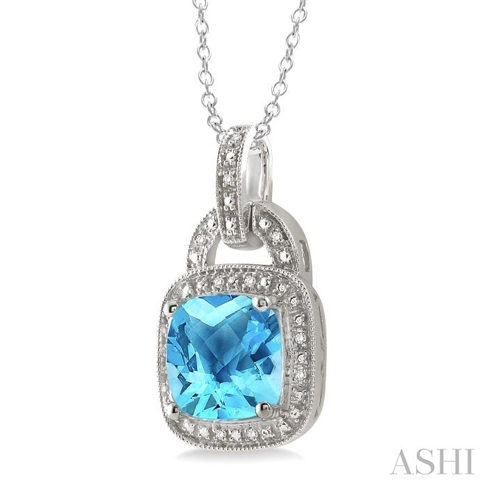 10x10 MM Cushion Shape Blue Topaz and 1/20 Ctw Round Cut Diamond Pendant in Sterling Silver with Chain