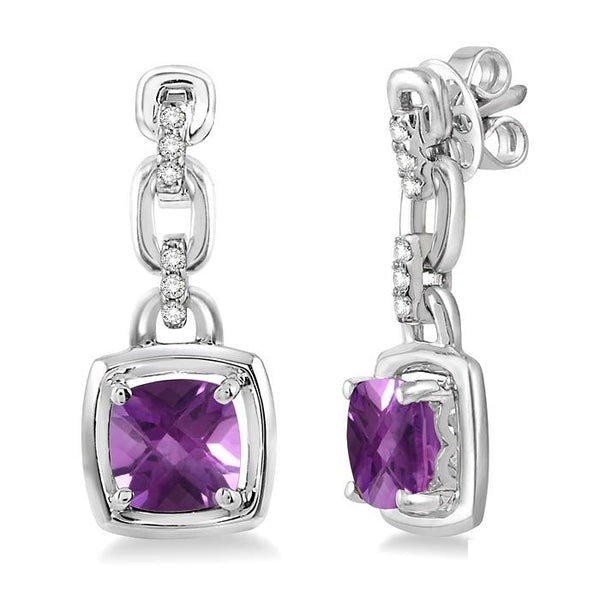 6x6 MM Cushion Checker Amethyst and 1/10 Ctw Round Cut Diamond Earrings in Sterling Silver