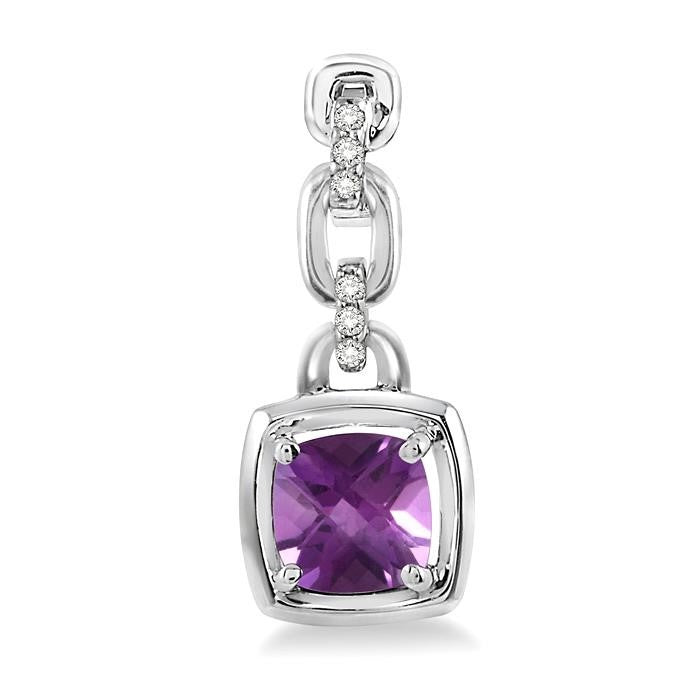 6x6 MM Cushion Checker Amethyst and 1/10 Ctw Round Cut Diamond Earrings in Sterling Silver