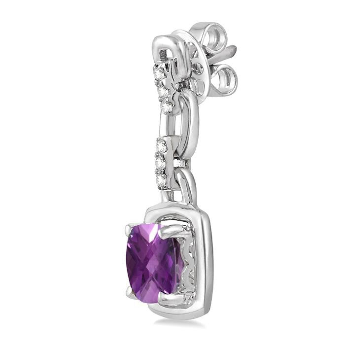 6x6 MM Cushion Checker Amethyst and 1/10 Ctw Round Cut Diamond Earrings in Sterling Silver