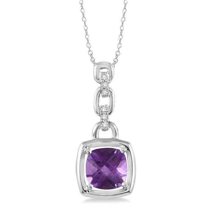 8x8 MM Cushion Checker Amethyst and 1/20 Ctw Round Cut Diamond Pendant in Sterling Silver with Chain
