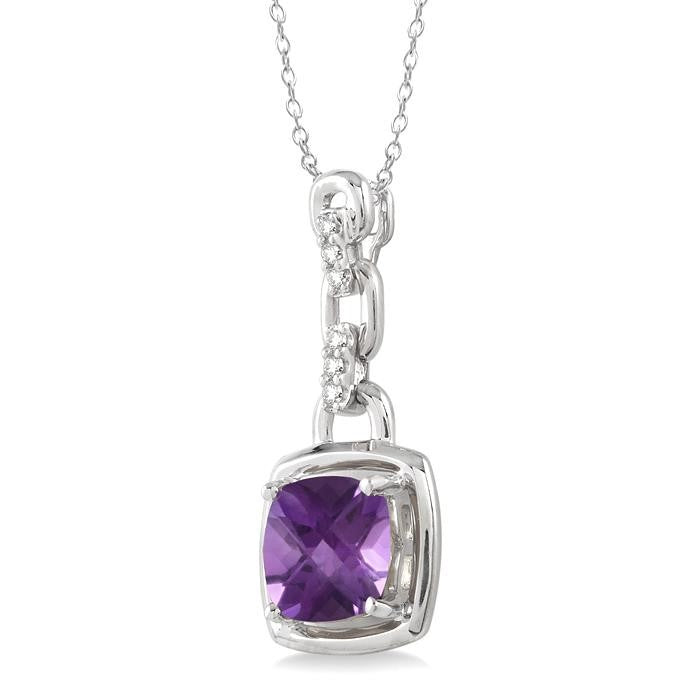8x8 MM Cushion Checker Amethyst and 1/20 Ctw Round Cut Diamond Pendant in Sterling Silver with Chain
