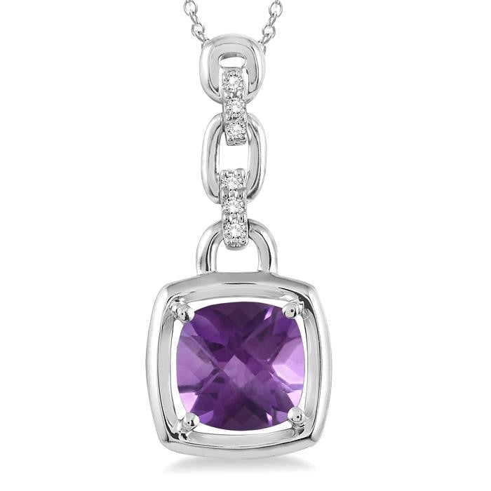 8x8 MM Cushion Checker Amethyst and 1/20 Ctw Round Cut Diamond Pendant in Sterling Silver with Chain