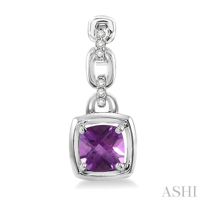 6x6 MM Cushion Checker Amethyst and 1/10 Ctw Round Cut Diamond Earrings in Sterling Silver
