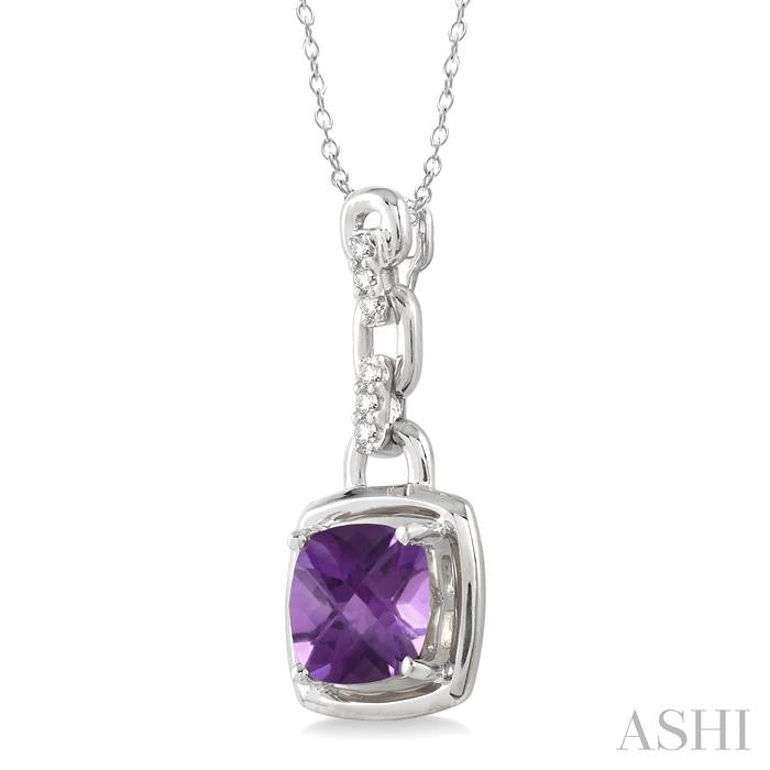 8x8 MM Cushion Checker Amethyst and 1/20 Ctw Round Cut Diamond Pendant in Sterling Silver with Chain