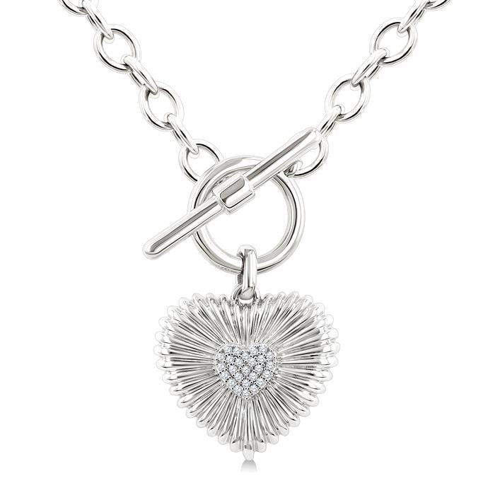 1/10 Ctw Heart Fluted Toggle Round Cut Diamond Fashion Necklace in Sterling Silver