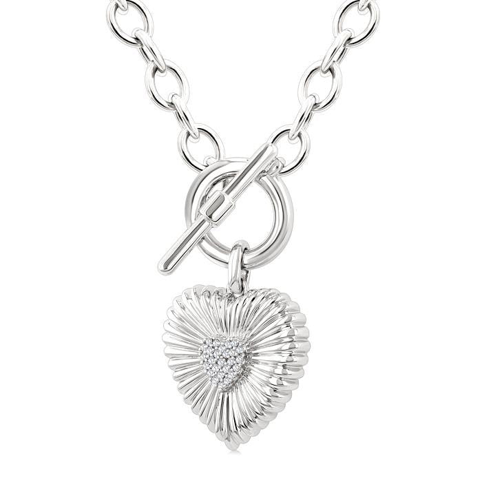 Silver Heart Fluted Toggle Diamond Fashion Necklace
