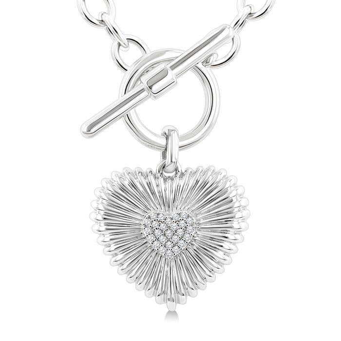 Silver Heart Fluted Toggle Diamond Fashion Necklace