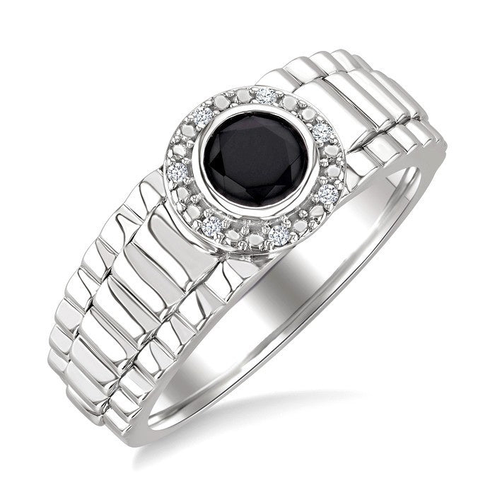 6 MM Round Shape Onyx and 1/20 Ctw Round Cut Diamond Semi-precious Men's Ring in Sterling Silver