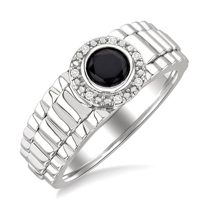 Silver Round Shape Men's Onyx Diamond Ring