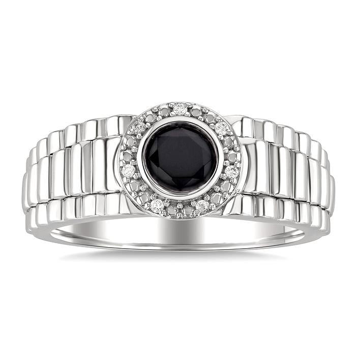 Silver Round Shape Men's Onyx Diamond Ring