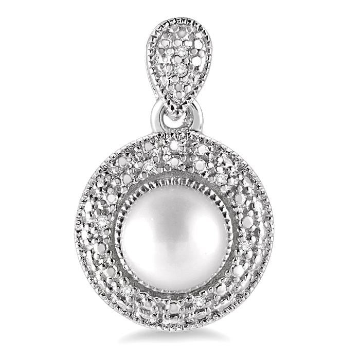 6x6 MM Cultured Pearls and 1/20 Ctw Round Cut Diamond Earrings in Sterling Silver