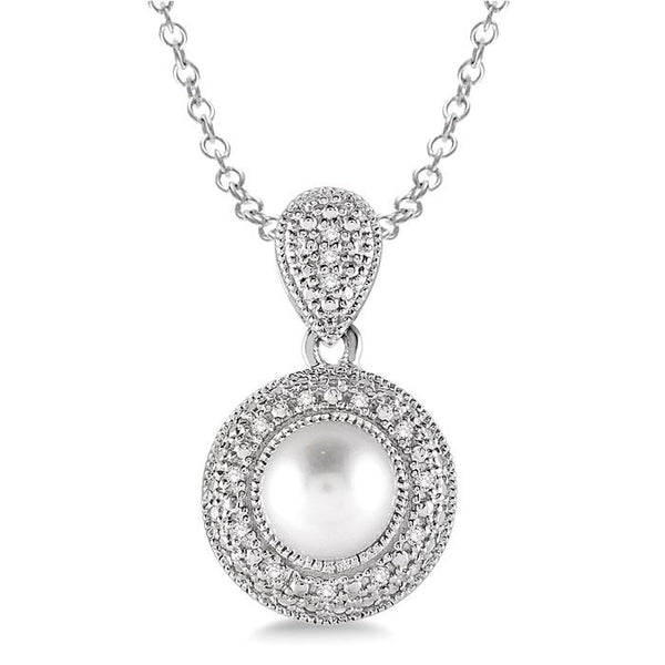 6.5x6.5 MM Cultured Pearl and 1/20 Ctw Round Cut Diamond Pendant in Sterling Silver with Chain