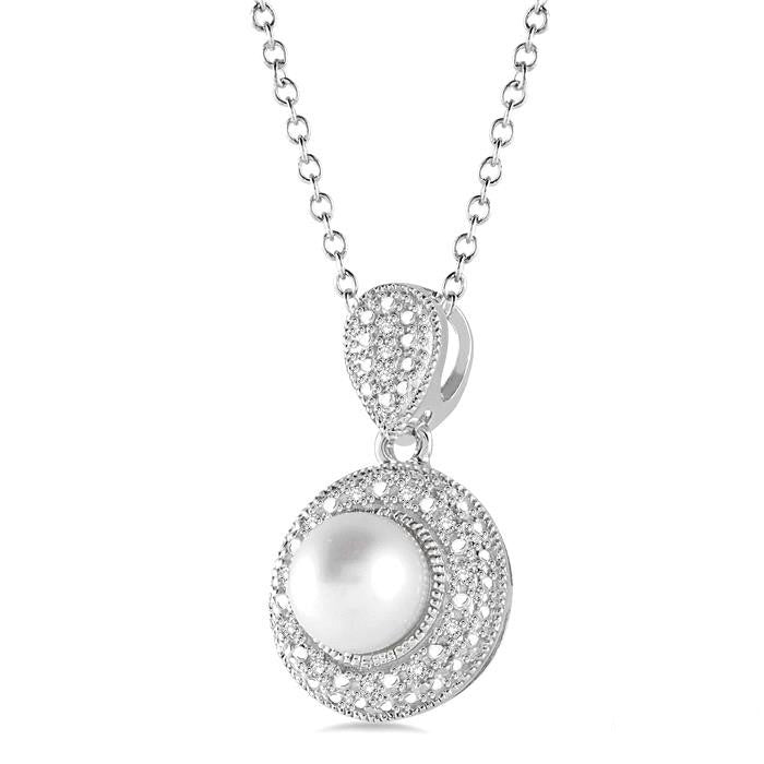 Ivy Silver Pearl & Halo Diamond Pendant