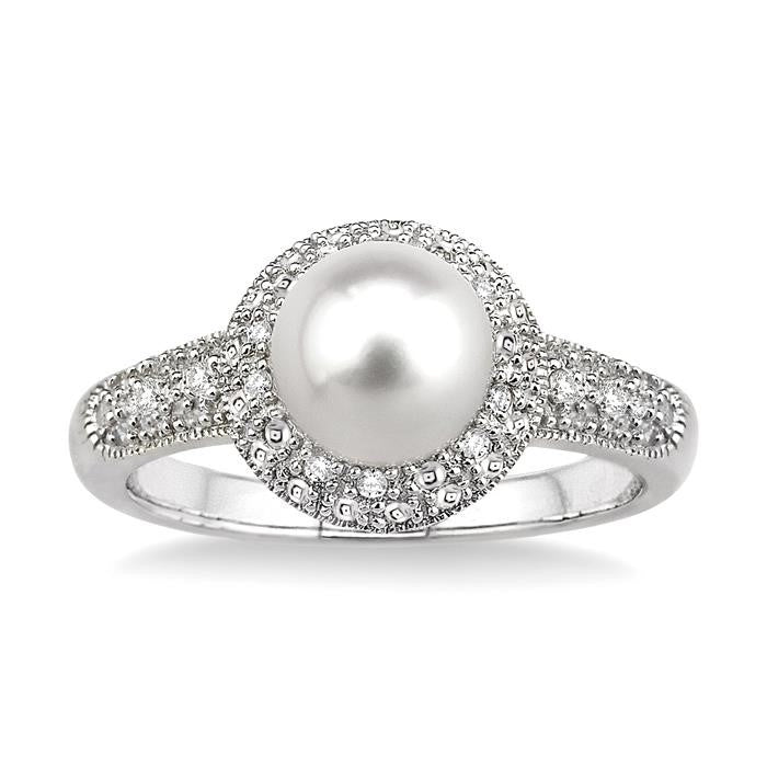 6.5x6.5 MM Cultured Pearl and 1/20 Ctw Round Cut Diamond Ring in Sterling Silver