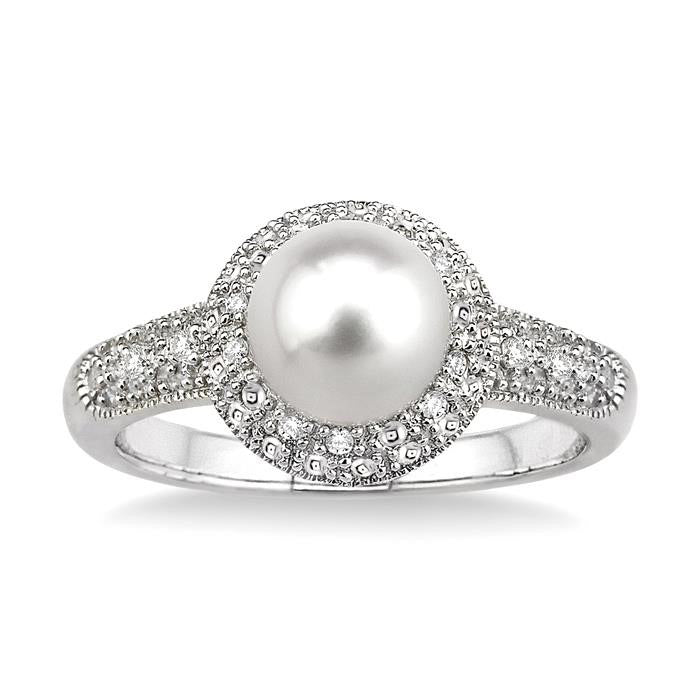 Silver Pearl & Diamond Ring