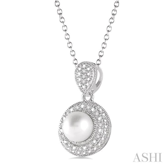6.5x6.5 MM Cultured Pearl and 1/20 Ctw Round Cut Diamond Pendant in Sterling Silver with Chain