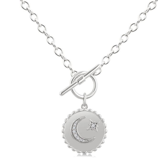 Silver Crescent Moon & Star Toggle Diamond Fashion Necklace