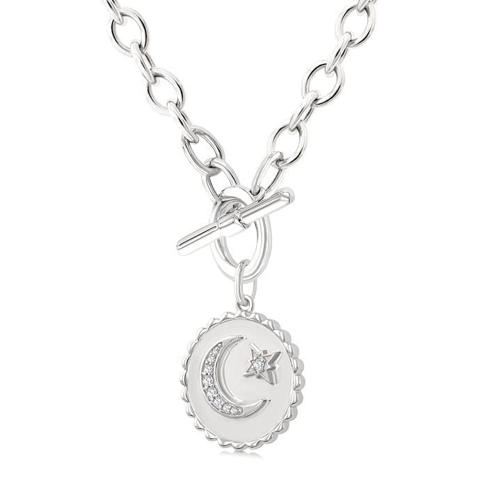 Silver Crescent Moon & Star Toggle Diamond Fashion Necklace